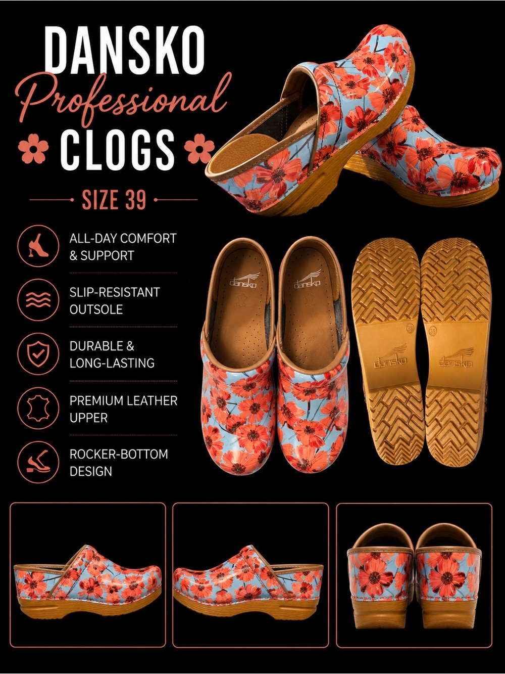 Dansko Floral Leather Clogs in Red and Light Blue